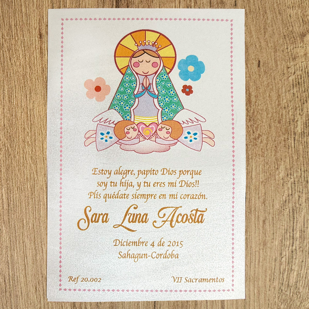 Paquete de 12 Estampas para Primera Comunión Virgen de Guadalupe Flores – VII Sacramentos Colombia