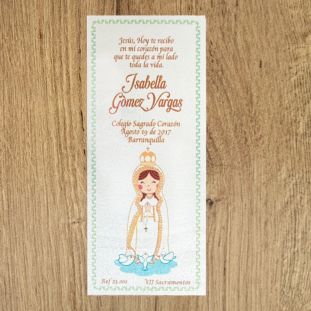 Paquete de 12 Estampas Tipo Separador para Primera Comunión Virgen de Fatima – VII Sacramentos Colombia