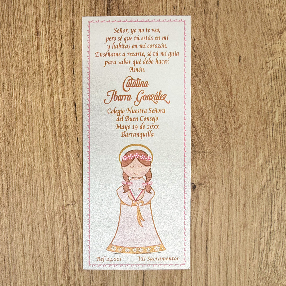 Paquete de 12 Estampas Tipo Separador para Primera Comunión Niña Maria – VII Sacramentos Colombia