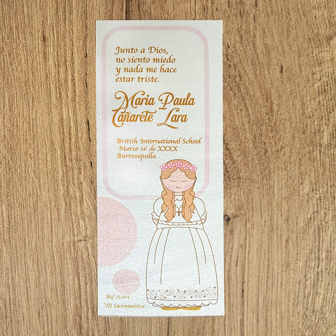 Paquete de 12 Estampas Tipo Separador para Primera Comunión Niña Cabello Claro– VII Sacramentos Colombia