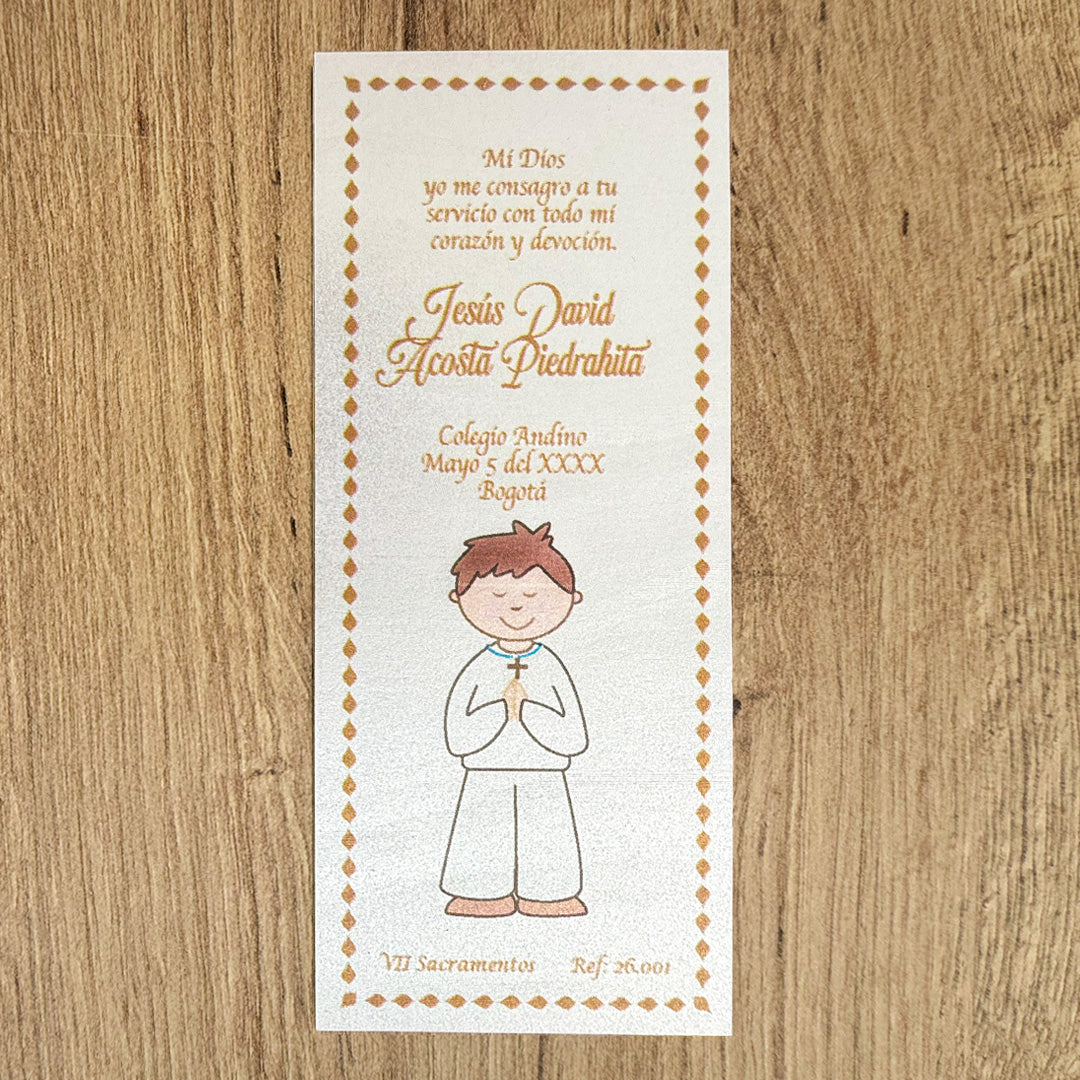 Paquete de 12 Estampas Tipo Separador para Primera Comunión Niño cabello Oscuro – VII Sacramentos Colombia