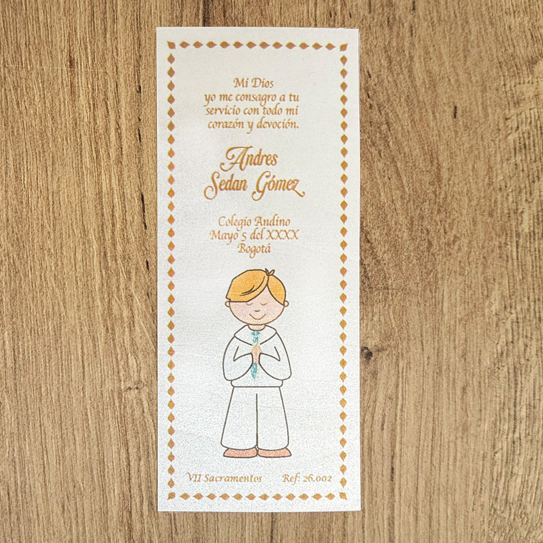 Paquete de 12 Estampas Tipo Separador para Primera Comunión Niño cabello Claro – VII Sacramentos Colombia