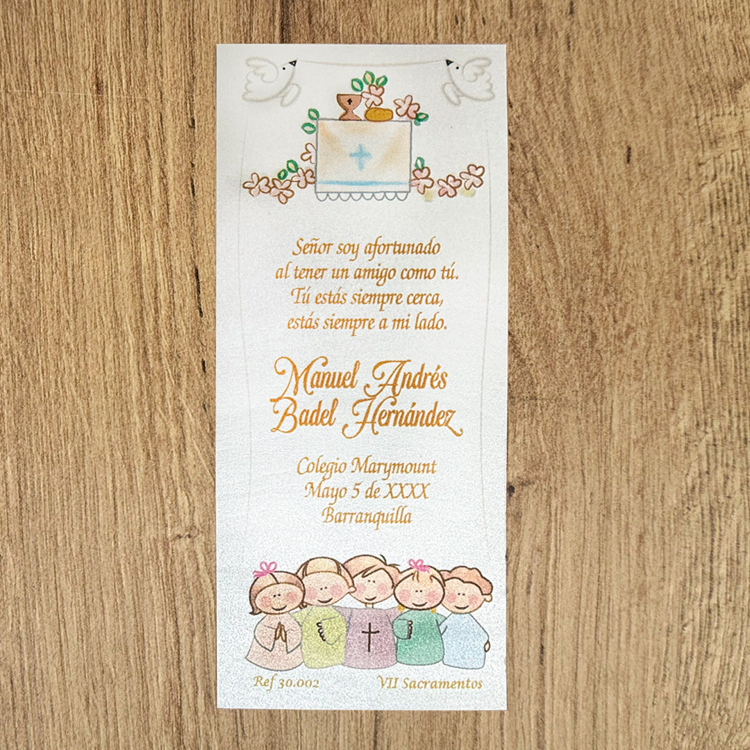 Paquete de 12 Estampas Tipo Separador para Primera Comunión Niños al Altar – VII Sacramentos Colombia
