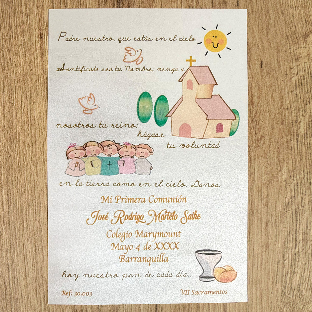 Paquete de 12 Estampas para Primera Comunión Padre Nuestro Niños – VII Sacramentos Colombia