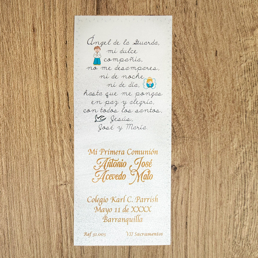 Paquete de 12 Estampas Tipo Separador para Primera Comunión Niño Oración Angel de la Guarda – VII Sacramentos Colombia