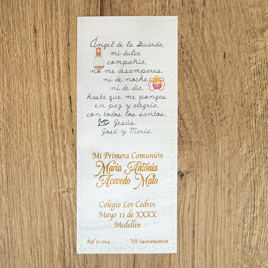 Paquete de 12 Estampas Tipo Separador para Primera Comunión Niña Oración Angel de la Guarda – VII Sacramentos Colombia