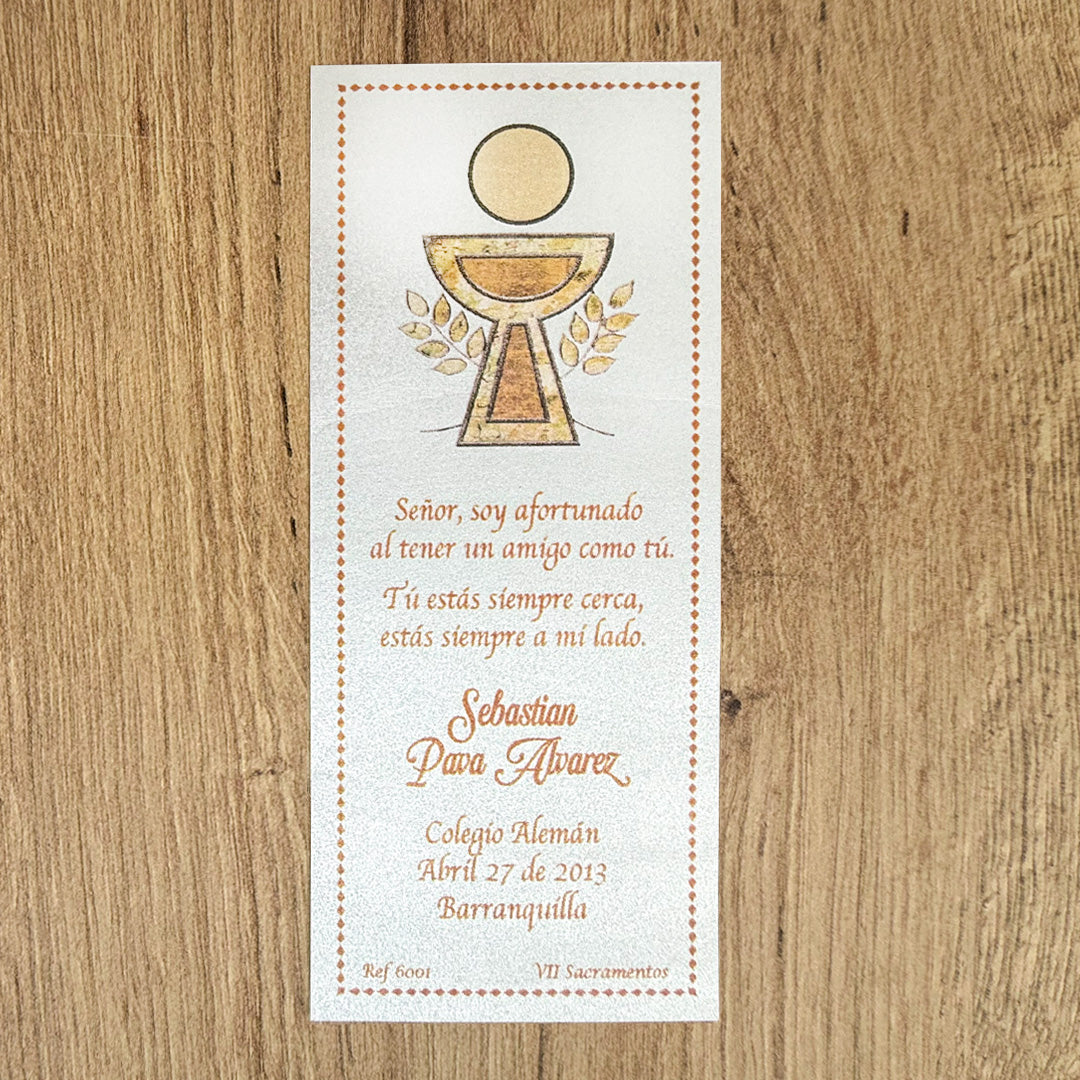 Paquete de 12 Estampas Tipo Separador para Primera Comunión Caliz – VII Sacramentos Colombia