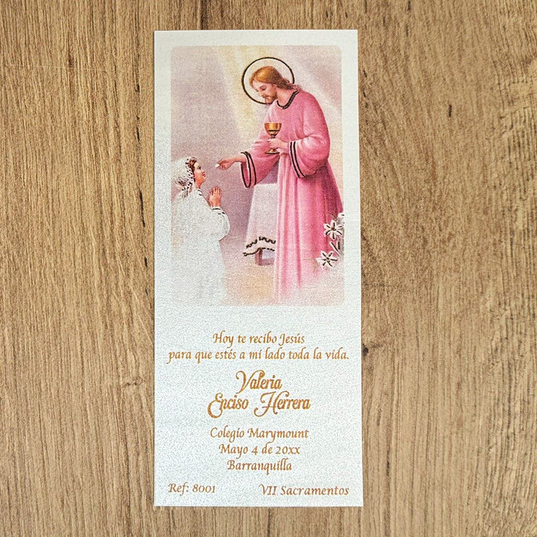 Paquete de 12 Estampas Tipo Separador para Primera Comunión Niña – VII Sacramentos Colombia