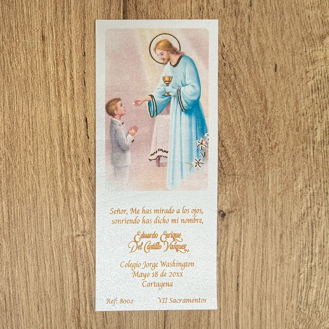 Paquete de 12 Estampas Tipo Separador para Primera Comunión Niño – VII Sacramentos Colombia