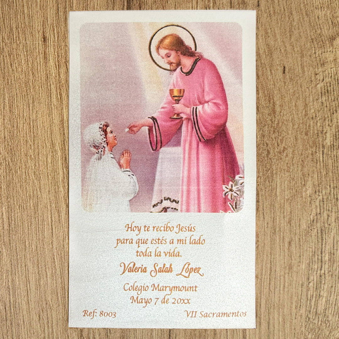 Paquete de 12 Estampas para Primera Comunión Niña con Jesús – VII Sacramentos Colombia