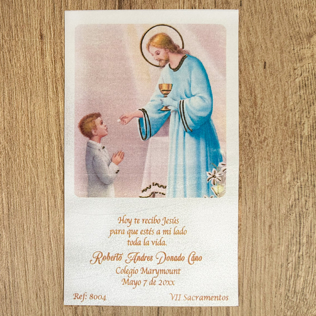 Paquete de 12 Estampas para Primera Comunión Niño con Jesús – VII Sacramentos Colombia