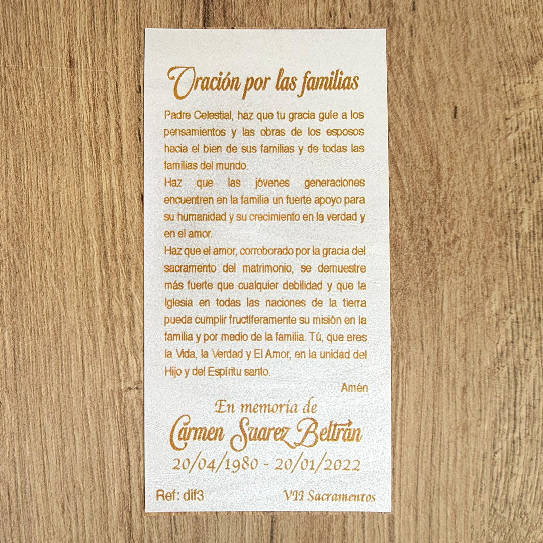Tarjeta recordatorio para misa de difunto personalizada con oración y nombre – estampa conmemorativa 10 x 5 cm