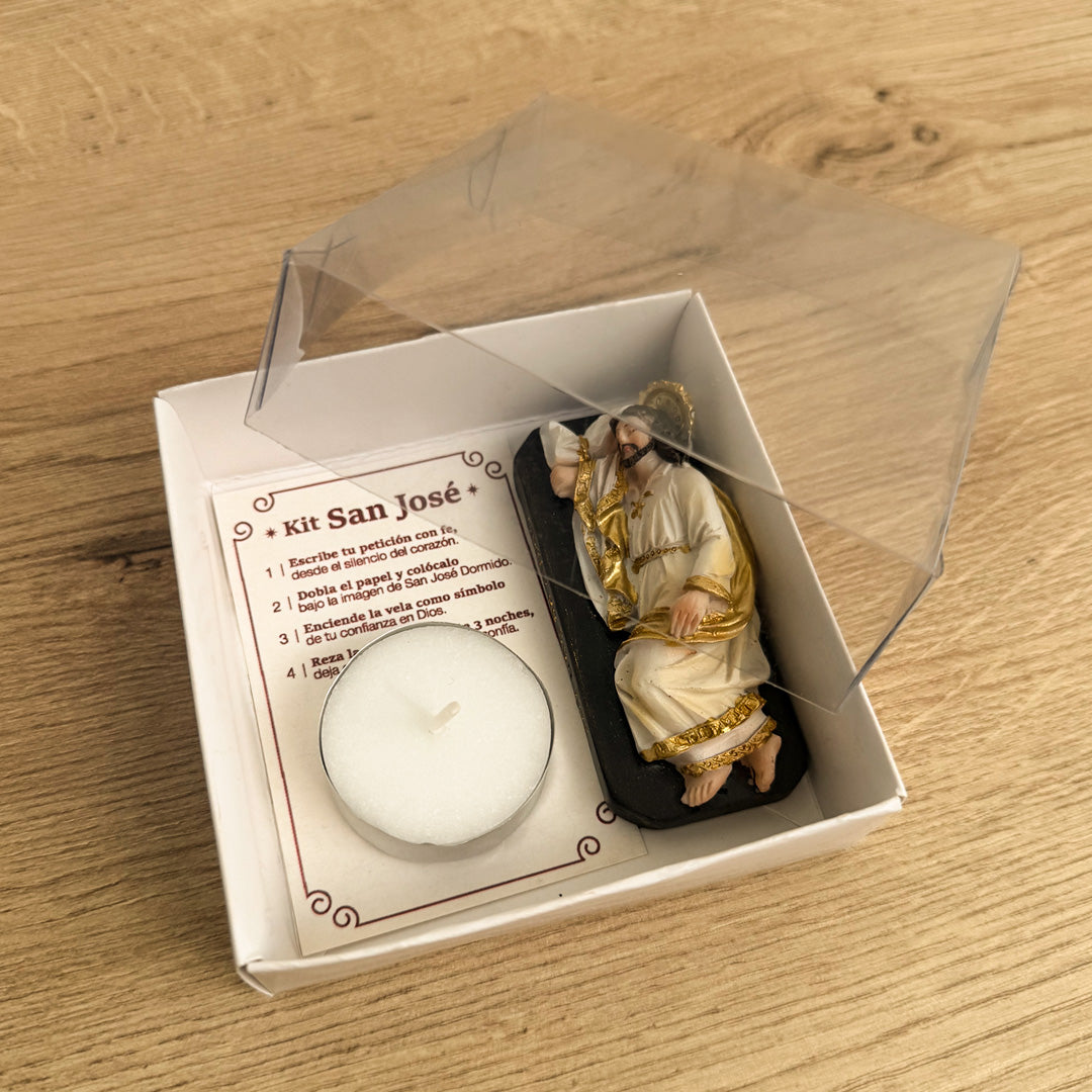 Caja con Kit Devocional San José Dormido Mini con Vela y Oración – VII Sacramentos Colombia