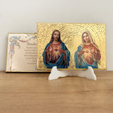 Retablo en Madera para Colgar con Imagen de Corazones Unidos de Jesús y María con Oración de Bendición del Hogar