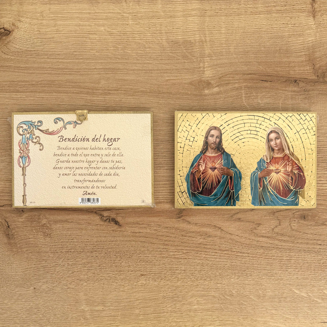 Retablo en Madera para Colgar con Imagen de Corazones Unidos de Jesús y María con Oración de Bendición del Hogar