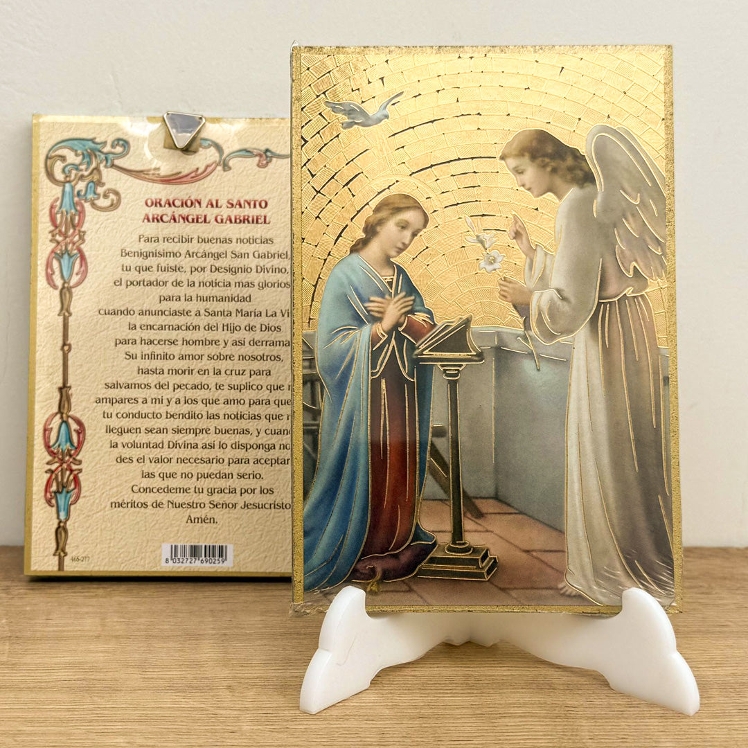 Retablo en Madera para Colgar con Imagen del Arcángel San Gabriel y Oración