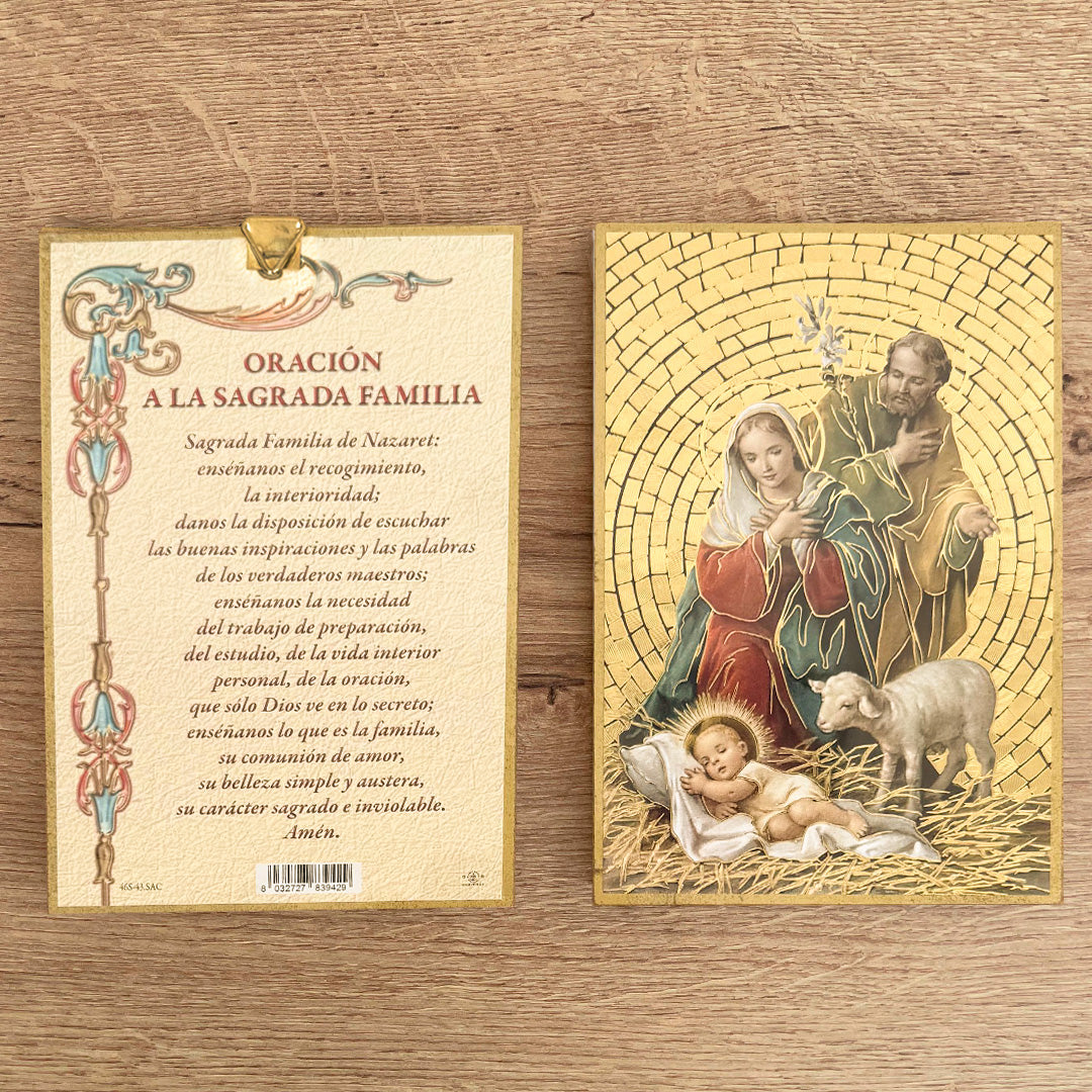 Retablo en Madera para Colgar con Imagen de la Sagrada Familia (Pesebre) y Oración