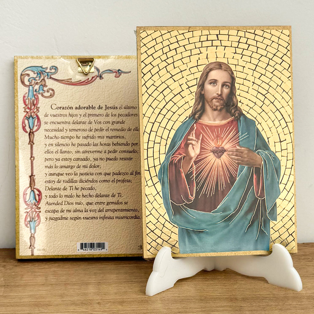 Retablo en Madera para Colgar con Imagen del Sagrado Corazón de Jesús y Oración