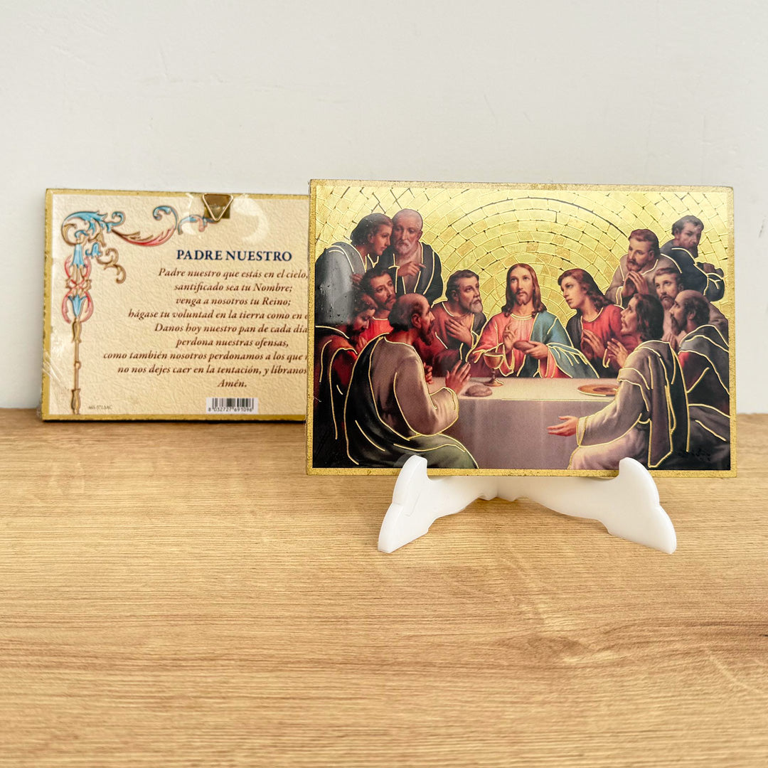 Retablo en Madera para Colgar con Imagen de la Última Cena con Oración del Padre Nuestro