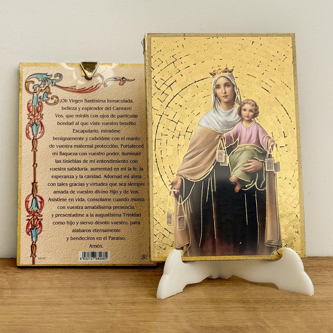 Retablo en Madera para Colgar con Imagen de la Virgen del Carmen y Oración