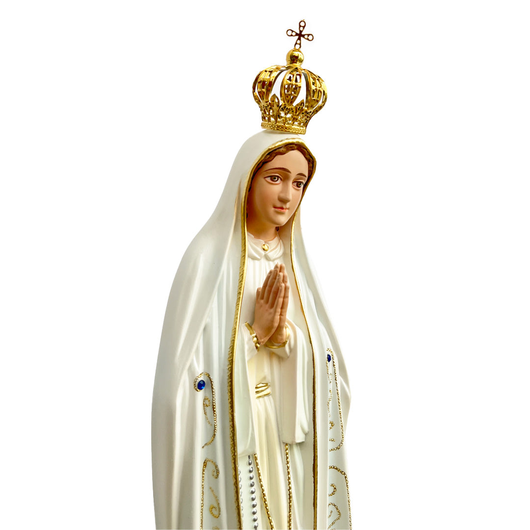 Estatua de la Virgen de Fátima con Manto en Tono Blanco Ojos Pintados - 50 cm (19.6”)