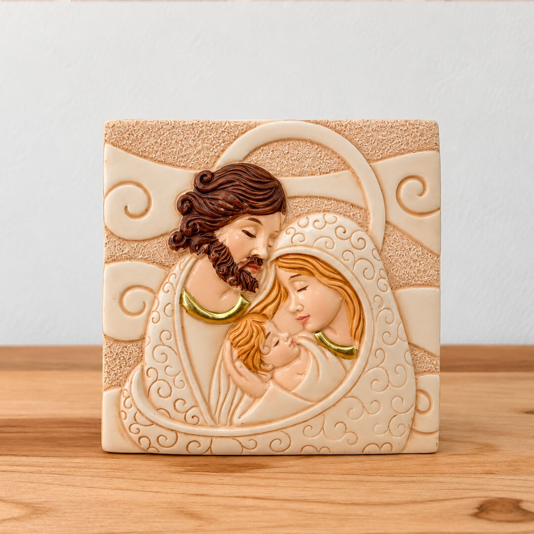 Placa decorativa Sagrada Familia beige en resina con base 7.5 cm