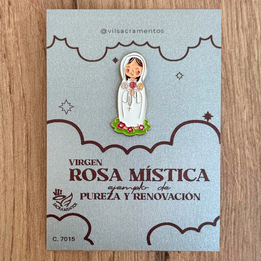 Pines Metálico Virgen Rosa Mistica Resinada