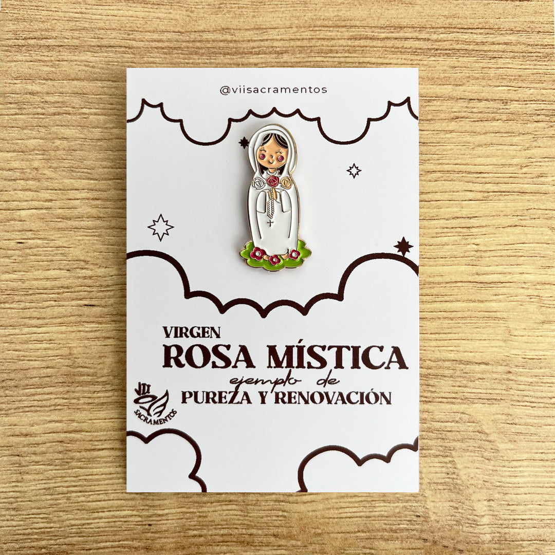 Pines Metálico Virgen Rosa Mistica Resinada – VII Sacramentos Colombia