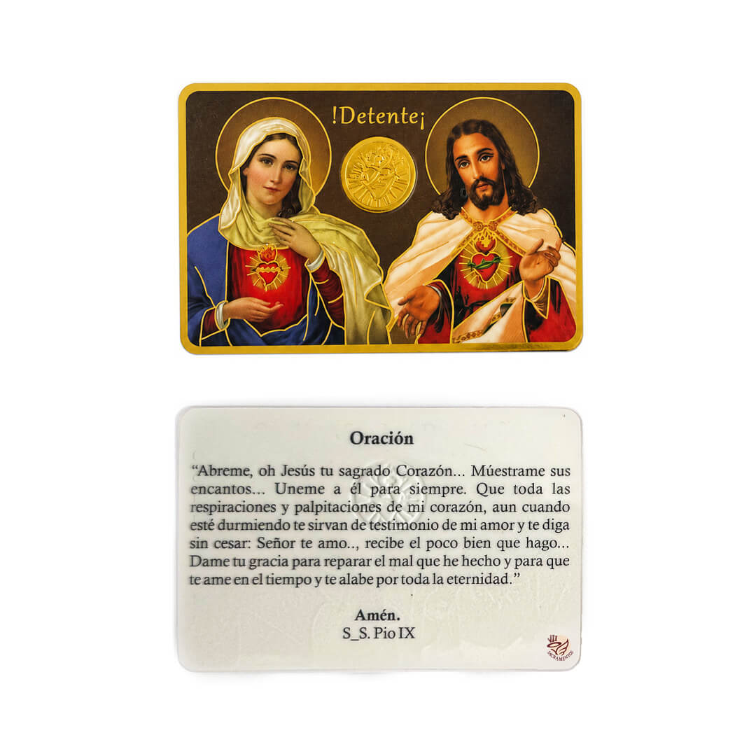 Credencial de Oración con la imagen del Detente, Corazones unidos de Jesús y María y su Oración