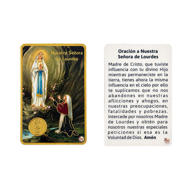 Lamina tipo creden cial con la imagen de Virgen de Lourdes y su oración