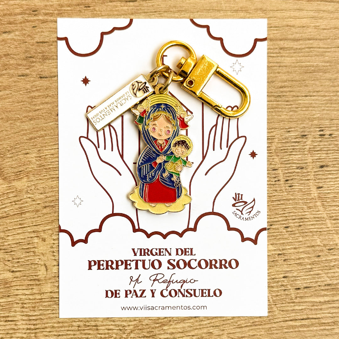 Llavero católico Virgen del Perpetuo Socorro con mosquetón dorado, dije en metal con acabado resinado sobre tarjeta con frase religiosa - VII Sacramentos Colombia