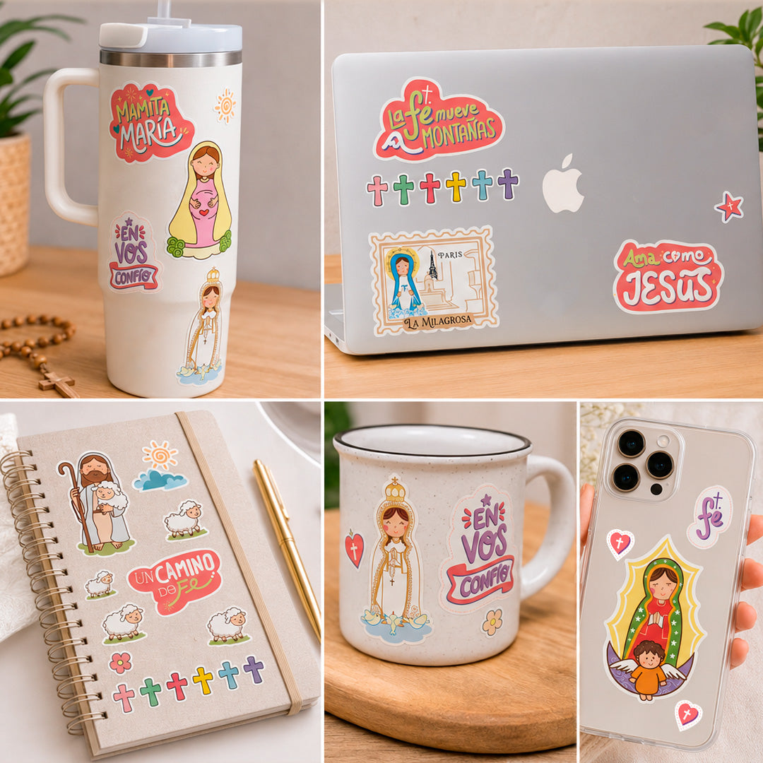 Stickers religiosos de vinilo de la marca VII Sacramentos pegados en termo, taza, libreta, celular y laptop sobre un escritorio de madera