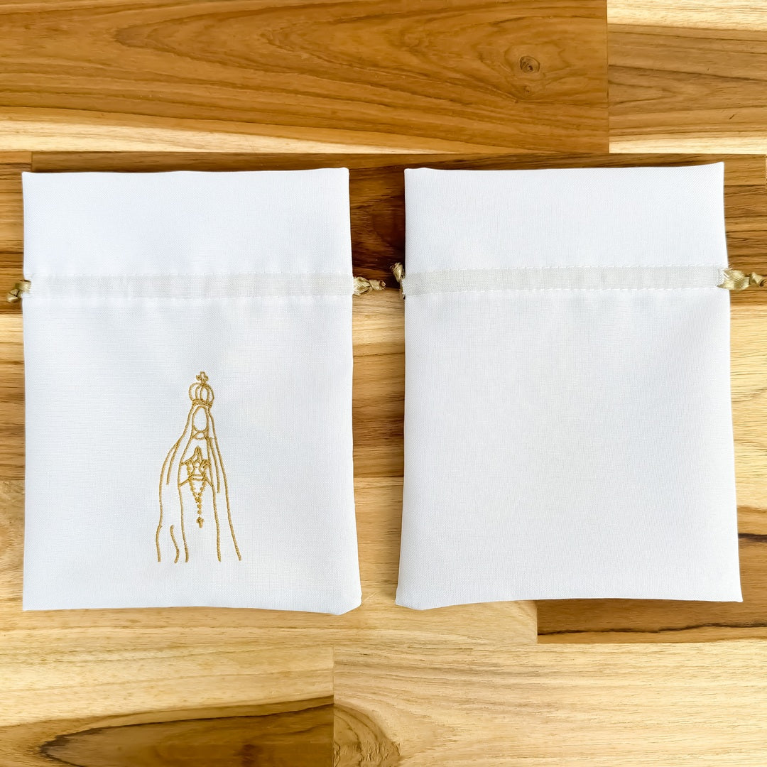 Bolsa Tela Blanca Grande Virgen de Fatima Bordado – VII Sacramentos Colombia