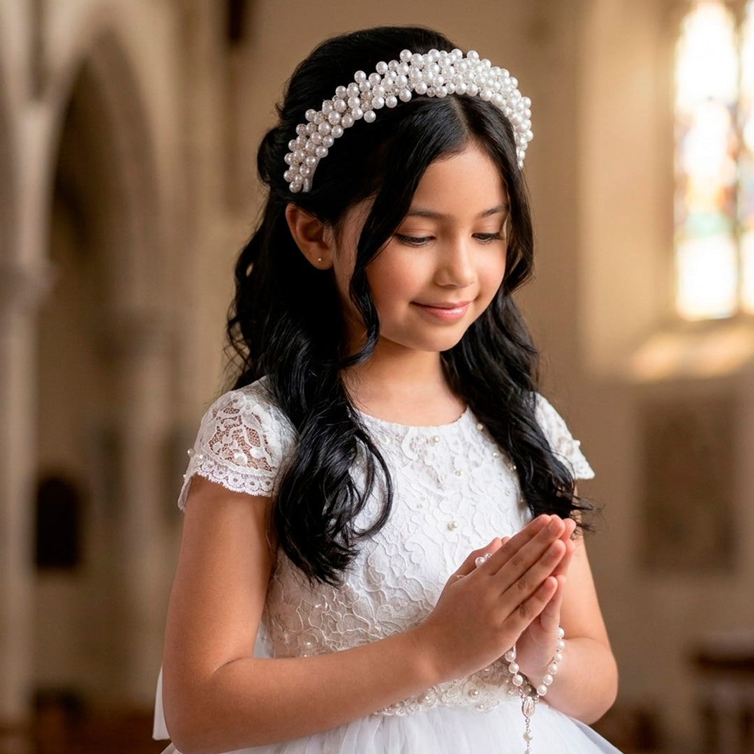 Una niña de cabello oscuro sonríe suavemente en una iglesia, usando una diadema ancha de comunión decorada con densos racimos de perlas blancas sobre un vestido de encaje - VII Sacramentos Colombia
