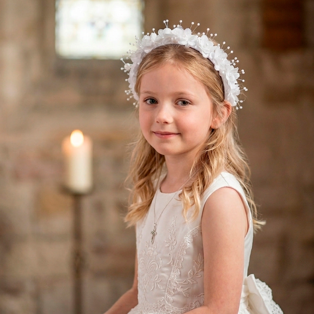 Niña rubia con vestido de comunión usando el tocado diadema de flores y perlas en el cabello - VII Sacramentos