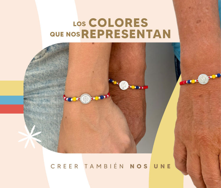 Pulsera tricolor Colombia Medalla de san Benito en Plata - VII Sacramentos