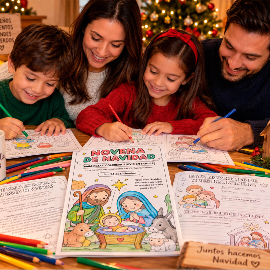 Novena de Navidad para colorear en familia portada imprimible, Paginas de la novena de navidad para colorear tamano carta y Ninos coloreando la novena de navidad en familia