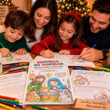 Novena de Navidad para colorear en familia portada imprimible, Paginas de la novena de navidad para colorear tamano carta y Ninos coloreando la novena de navidad en familia