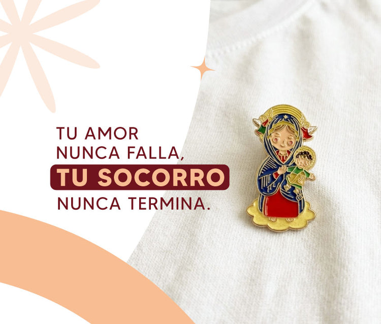 Pin ilustrado de Virgen del Perpetuo Socorro con frase "Tu amor nunca falla - VII Sacramentos