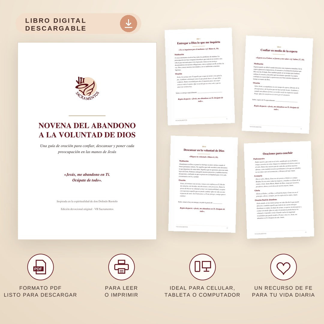 Novena del Abandono a la Voluntad de Dios, libro digital en PDF de VII Sacramentos: portada y páginas interiores de los días 1, 5 y 9