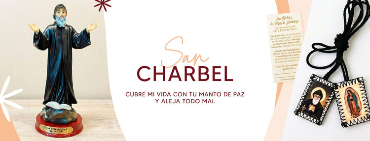 Estatua de San Charbel y escapulario con la imagen de san charbel y la virgen de guadalupe