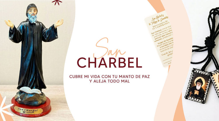 Estatua de San Charbel y escapulario con la imagen de san charbel 